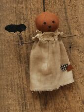 New ~ Primitive Patches PUMPKIN GIRL DOLL with BAT Aged Rustic Fabric 7"T 4.75"W