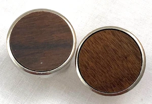 Vintage Cufflinks Silver Tone Real Wood .75" - Picture 1 of 4