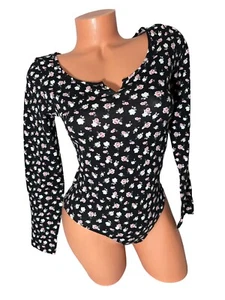 Victorias Secret PINK Long Sleeve Pull On Body Suit Black Floral Roses XL - Picture 1 of 6