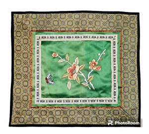 Antique Chinese Hand Embroidered Silk Panel Butterfly & Flowers Green Background - Picture 1 of 7