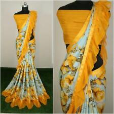 Yellow Designer Silk Crap Flower Printed Ruffle Saree Blouse Partywear Sari Wear
