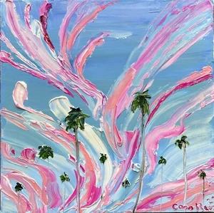 ORIGINAL Palm Trees OIL PAINTING Pink Blue Cotton Candy Sky contemporary art - Picture 1 of 13