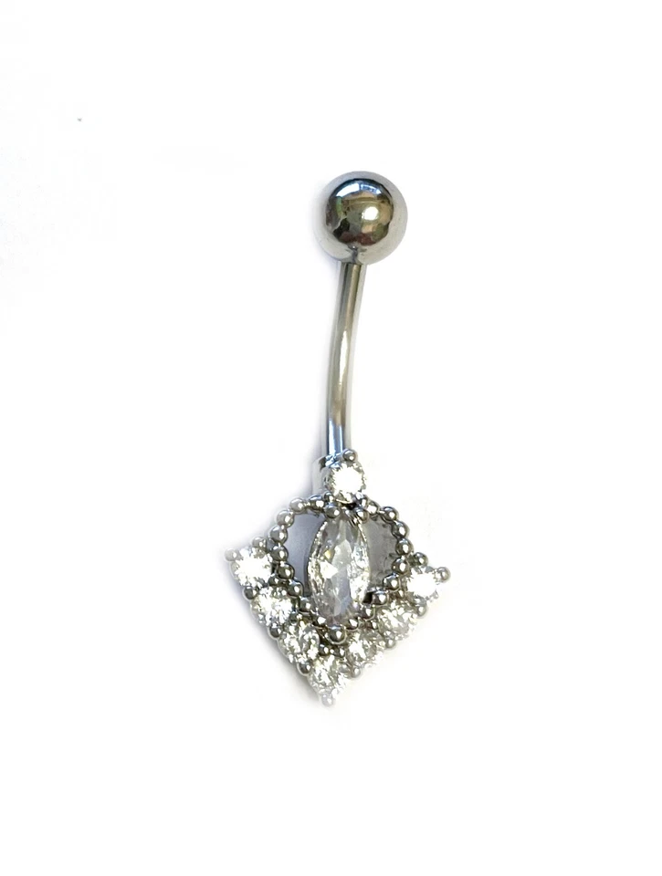 Clear CZ Crystal Tear Drop Navel Bar Belly Button 316L Surgical Steel-UK - Image 1 of 1