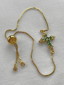 Luxurious 18K Gold Dainty Cross Bracelet with Dark Green Cubic Zirconia Stones - Picture 1 of 6