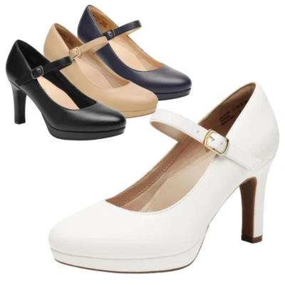 Women Wedding Dress Shoes Ankle Strap Round Toe High Heel Mary Jane Pump Shoes - Image 1 of 4