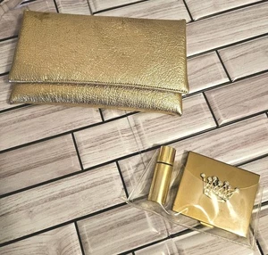 VTG Gold Color Make-up Cosmetics Bag With Compact Mirror & Perfume Bottle Holder - Picture 1 of 23