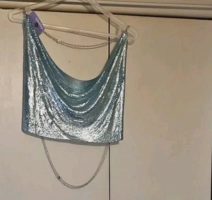 Backless Blue Metallic Slinky/Shiny Halter Top, One Size - Picture 1 of 4