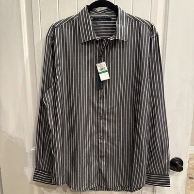 Camisa masculina manga longa listrada de algodão com botões Perry Ellis tamanho grande - NOVA - Imagem 1 de 4