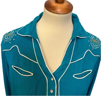 Wrangler Retro Cowgirl Dress Pearl Snap Bling Western L Turquoise Smile Vintage - Image 1 of 4
