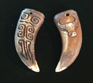 Vintage (QTY 2) Carved Ceramic? Horn Pendant Beads Sz. 2 1/4" & 30 Gm M9 OLD