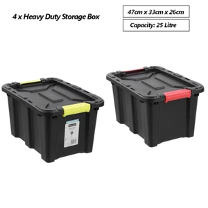 4 x 25L Heavy Duty Storage Box Black Crate Container Plastic Bins Organiser Tub - Picture 1 of 6