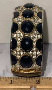 Gold Tone Black Cabochon Clear Rhinestone Clamp Bracelet YV-50 - Picture 1 of 15