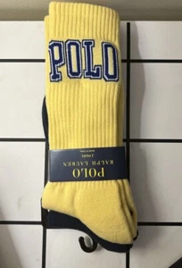 Polo Ralph Lauren Cotton-Blend Logo Crew Socks Sz 10-13 (2Pairs) Yellow/Navy NWT - Picture 1 of 3
