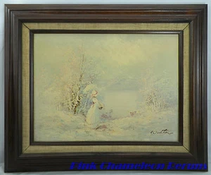 Original Oil on Canvas Landscape Scene Victorian Lady Southern Bell creek Snow - Picture 1 of 9