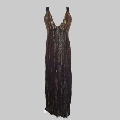 Vestido midi decote V preto/dourado 7521/267 XS novo com etiquetas Zara $129 lantejoulas tiras - Imagem 1 de 2