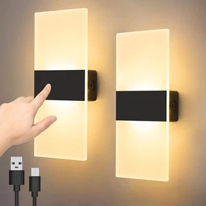Battery Operated Wall Sconce Set of 2 Rechargeable Wall Lights Touch Control - Picture 1 of 12
