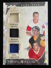 2022-23 Leaf In The Game Used Howe/Lemieix/Lafleur Triple Relic Silver; SN#2/4