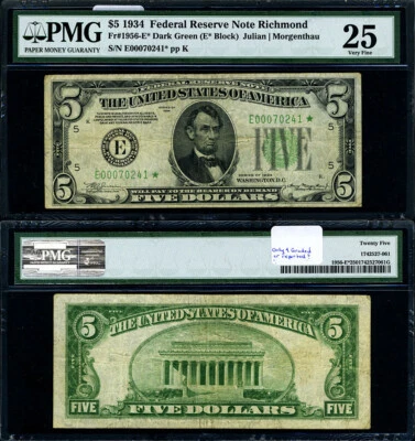 FR. 1956 E* $5 1934 Federal Reserve Note Non-Mule Richmond E-* Block DGS VF25 St - Image 1 of 3