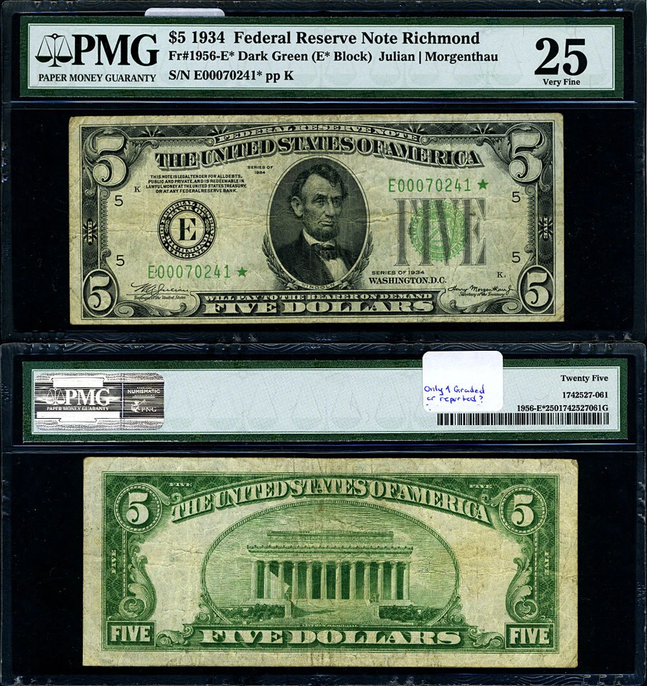 FR. 1956 E* $5 1934 Federal Reserve Note Non-Mule Richmond E-* Block DGS VF25 St - Image 1 of 3