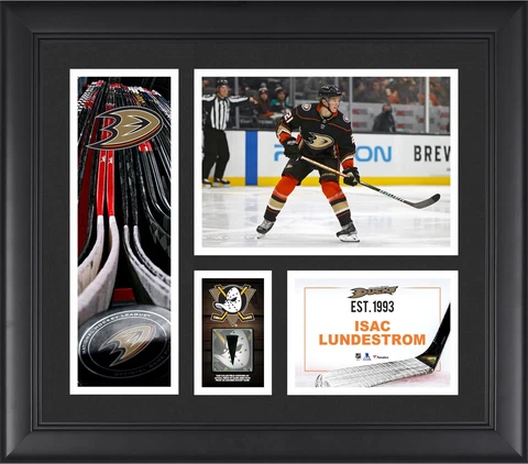 Isac Lundestrom Anaheim Ducks FRMD 15" x 17" Collage with a Piece of GU Puck Cover