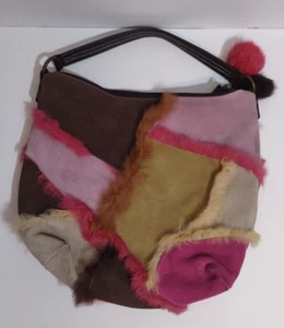 United Colors Of Benetton Schultertasche Leder Wildleder Fell Patchwork - Bild 1 von 13