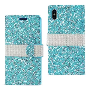 Für iPhone X Hülle Wallet Glänzend Bling Strass Cover mit Kartenfach Blau - Bild 1 von 4