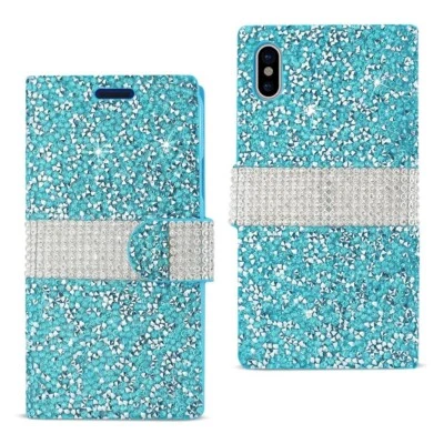 For iPhone X Case Wallet Shiny Bling Rhinestone Cover with Card Pocket Blue - Image 1 of 4
