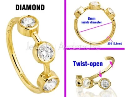 8mm Bezel Set 3-STONE Moissanite/Diamond Nose Hoop, 20g Solid 14kt Yellow Gold N - Image 1 of 4