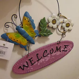 BLUE BUTTERFLY WELCOME SIGN METAL YARD ART GARDEN DECOR - Picture 1 of 5