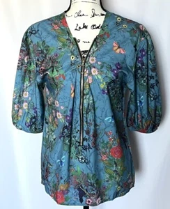 Womens Blue Floral V Neck Puff Sleeve Blouse Size Small - Picture 1 of 3