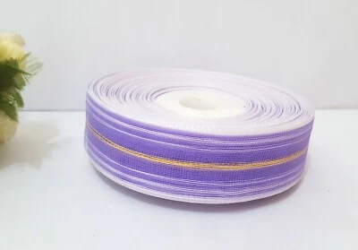 1" 25mm wide 33y Sheer Lt Purple Mesh Polyester Ribbon w Gold Metallic Line PR59 - Image 1 of 4