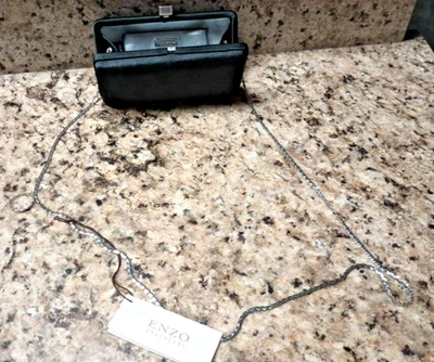 Nuevo Enzo Angiolini Negro Satinado Bolso sin asas Noche Cartera Cadena Plateada Correa Foto 1 de 4