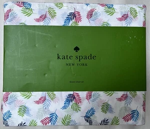 NIP KATE SPADE 100% COTTON PERCALE WHITE WITH COLORED LEAVES FULL SHEET SET - Picture 1 of 2