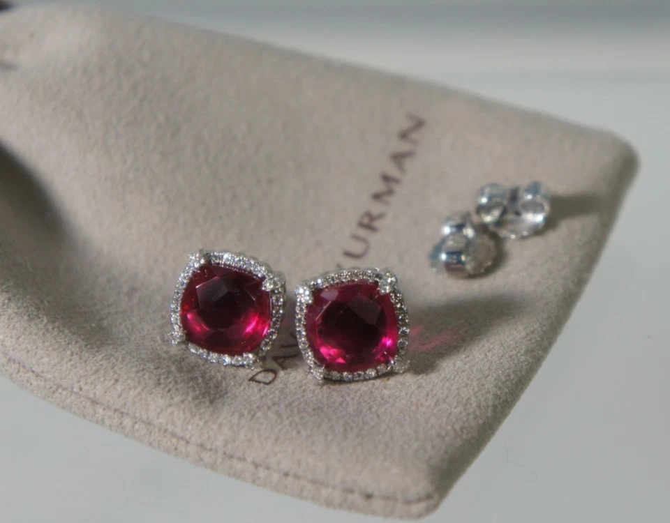 David Yurman 925 Silver 585 Gold RED Garnet Diamond Halo Chatelaine Earrings - Image 1 of 4