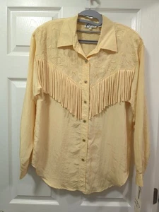Vintage 100% Silk Butter Yellow Western Fringe Long Sleeve Shirt Large NWT - Picture 1 of 13