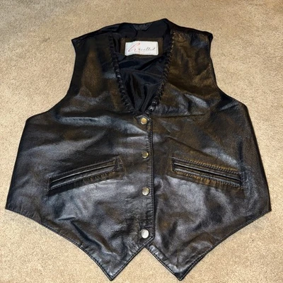Vtg Excelle Black Smooth Leather Satin Tie Back Snaps Closure Western Vest Large - Image 1 of 4