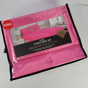 Juicy Couture Hot Pink Satin 4pc KING Sheets Set Easy Care Sleek Smooth Fuchsia - Picture 1 of 11
