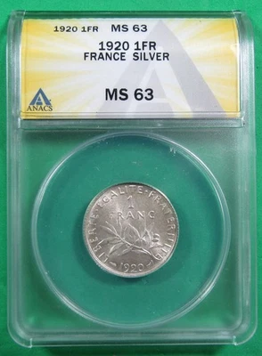 1920 1FR France Silver ANACS MS63. Fresh, bright surfaces. Nice. (925171) - Image 1 of 4