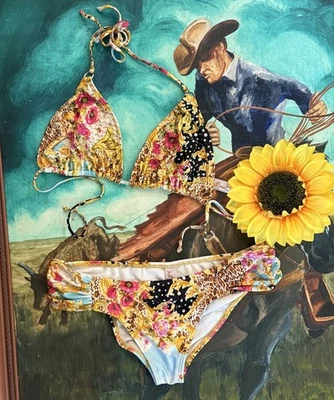 Luli Fama L/XL BIKINI brazilian SEXY leopard yellow pink POPPY crystallized READ - Image 1 of 4