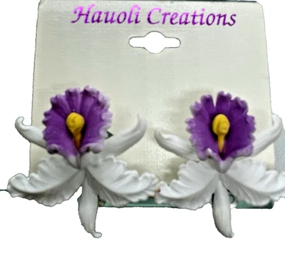 Hauoli Creations Earrings Clip-on Tropical White & Purple Orchid Flower Hawaii - Image 1 of 3