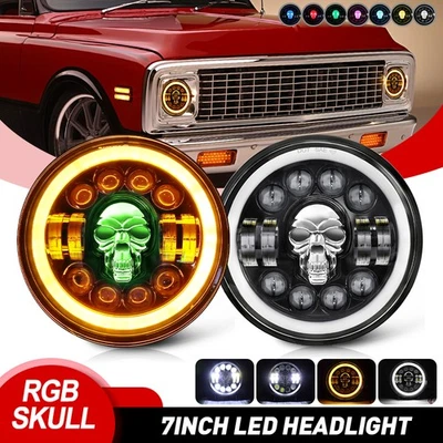 2x DOT Skull 7"inch  LED Headlights High&Low Beam For Chevy C10 C20 Pickup Truck - Image 1 of 4