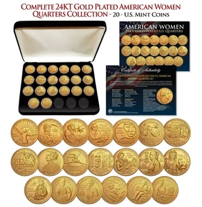 Juego completo de 20 monedas enchapadas en oro 24K American Women Quarters US Mint con caja y certificado de autenticidad - Imagen 1 de 3