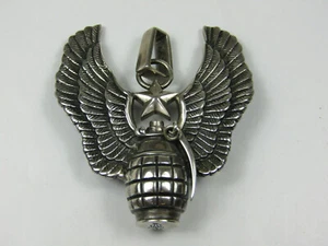 X großer GRANATENFLÜGEL MILITÄR WAFFE BIKER HELD Silber 22" Halskette Anhänger Herren  - Bild 1 von 6