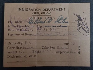 1944 Curacao Esso New Orleans Immigration Shore Pass cd Aruba - Picture 1 of 2