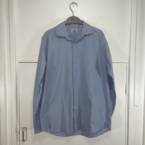 HERMÈS Camicia Hermes blu a quadri manica lunga con bottoni polsino misura 16” 41 cm