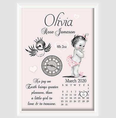 Newborn Personalised Print Cherub Girl Nursery Christening Gift New Baby Birth • 9.77$