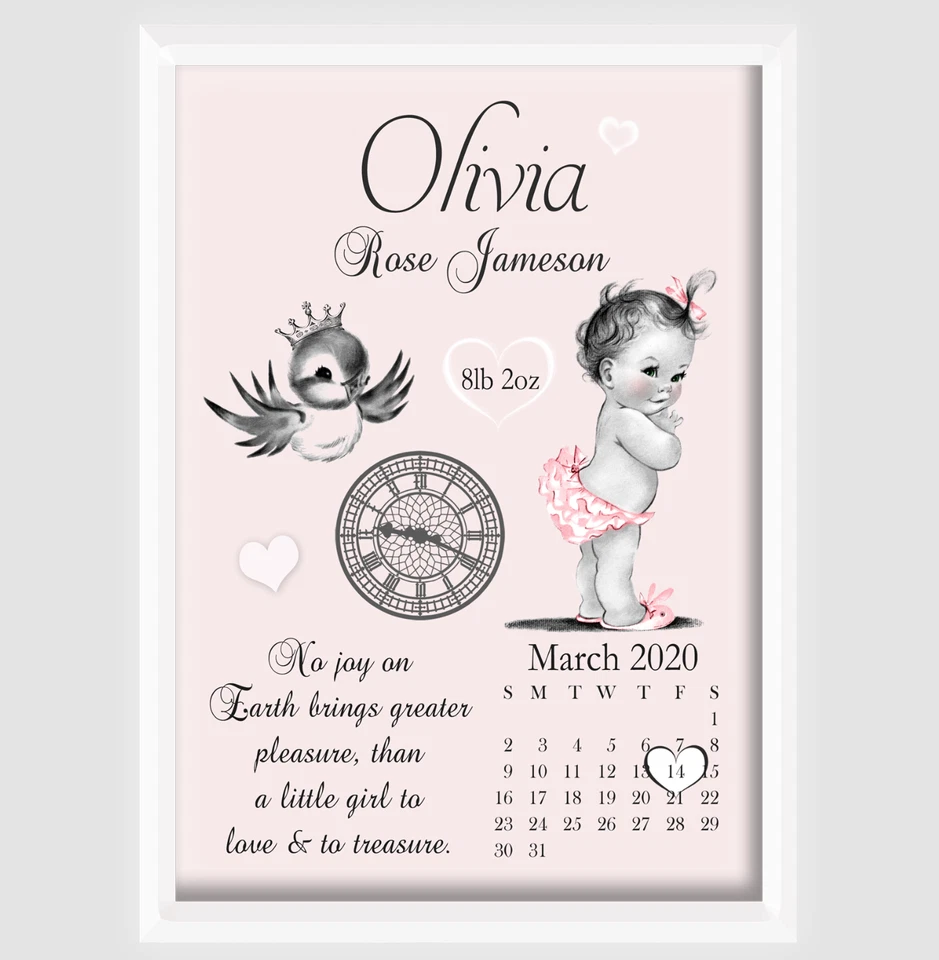 Newborn Personalised Print Cherub Girl Nursery Christening Gift New Baby Birth