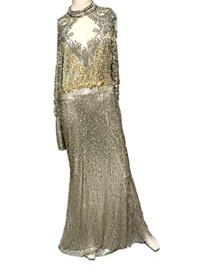 New NWT AMEN Couture Gold Bead Crystal Embroidered Long Dress Gown US 6 8 IT 42 - Bild 1 von 10