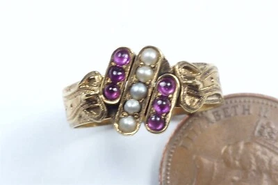 UNUSUAL ANTIQUE VICTORIAN PERIOD 15K GOLD RUBY & PEARL RING c1880 - Image 1 of 4