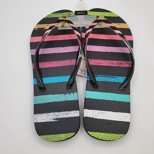Rainbow Thong Shoes Womens 10 Black Rubber Multi Colored Striped Flip Flops New - Picture 1 of 15